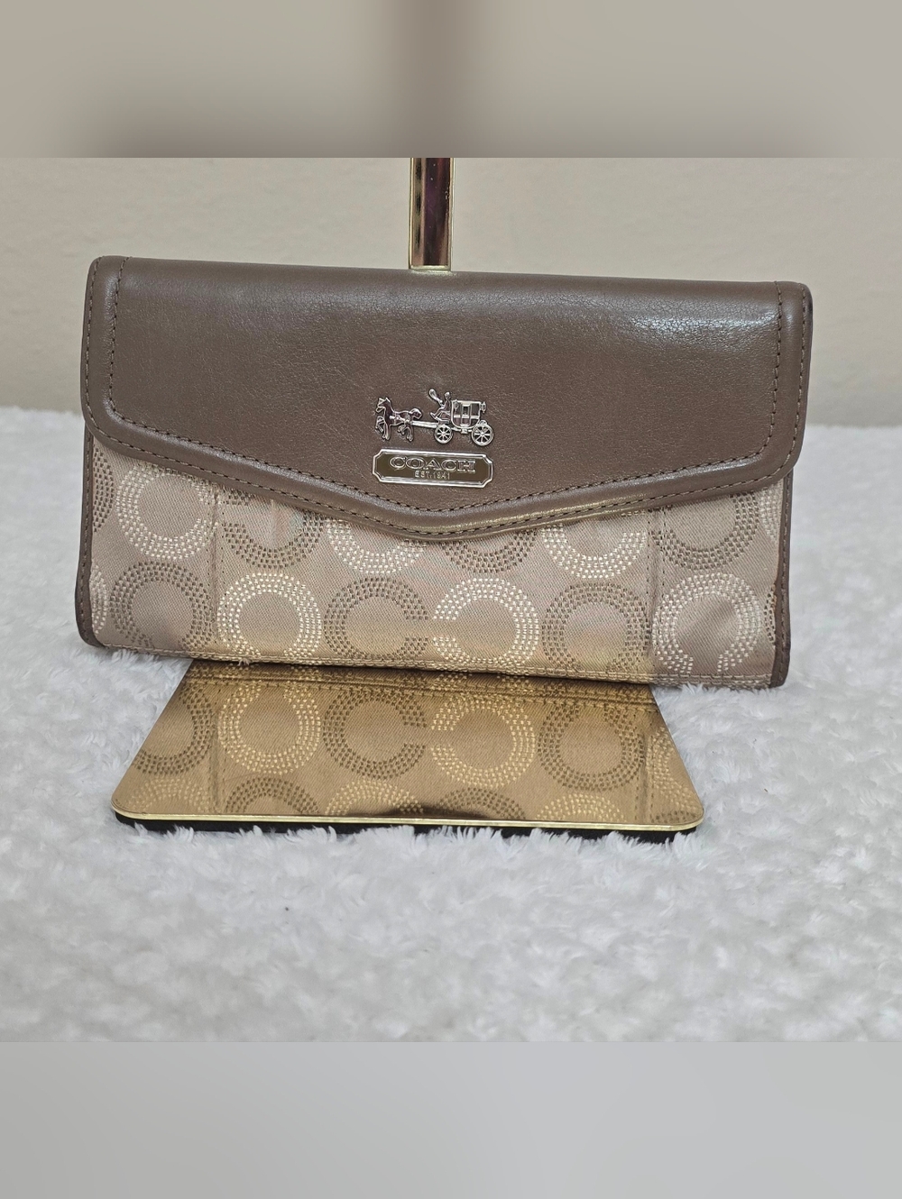 Coach Signature Canvas & Leather Trifold Wallet Brown Khaki Snap Zip Organizer
